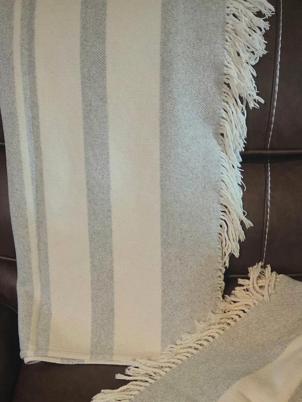 ROCA HOME: Soft Striped Fringe Throw in Light Gray and White